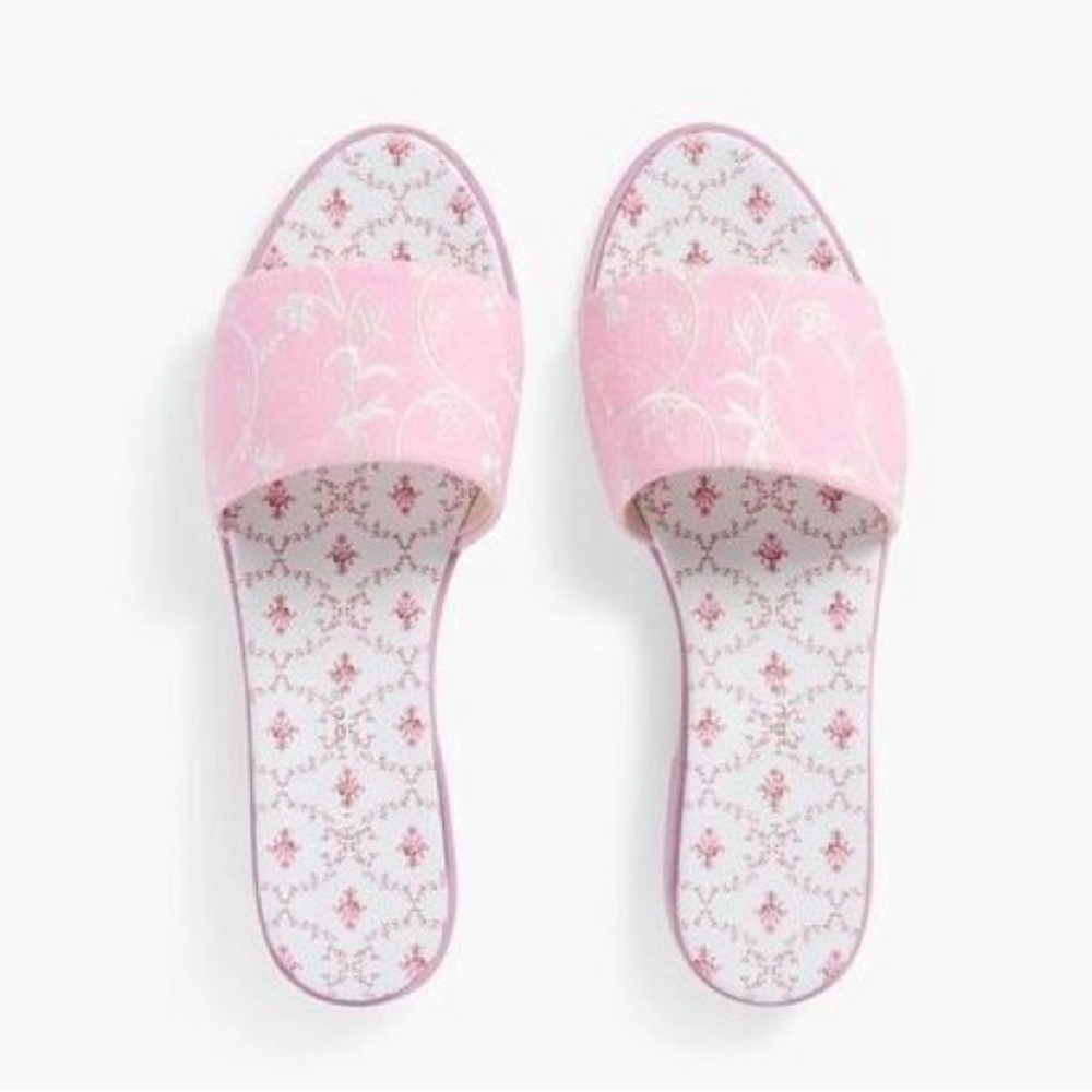 Hill House Home Pink Embroidery Floral City Slide Sandals Linen Leather Size 7